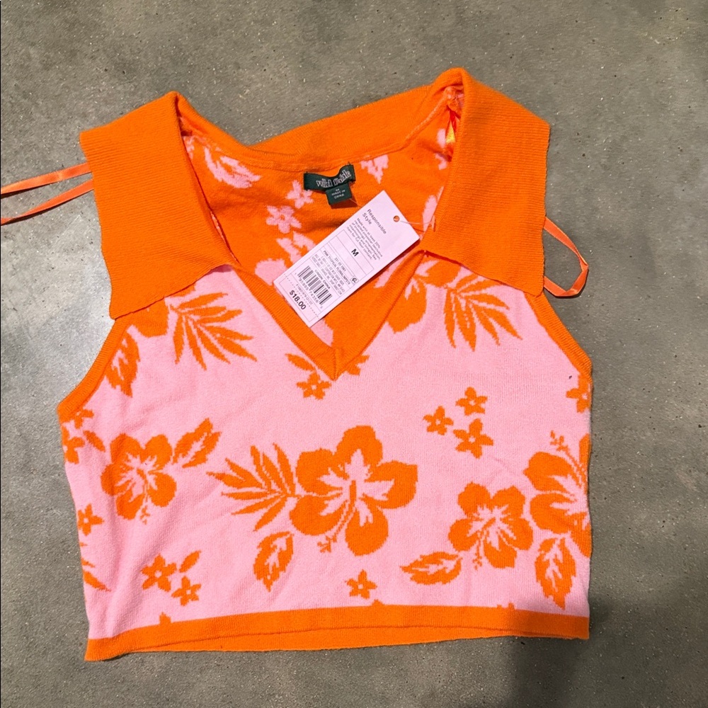 Pink & Orange Floral Collared Crop Tank — Women’s